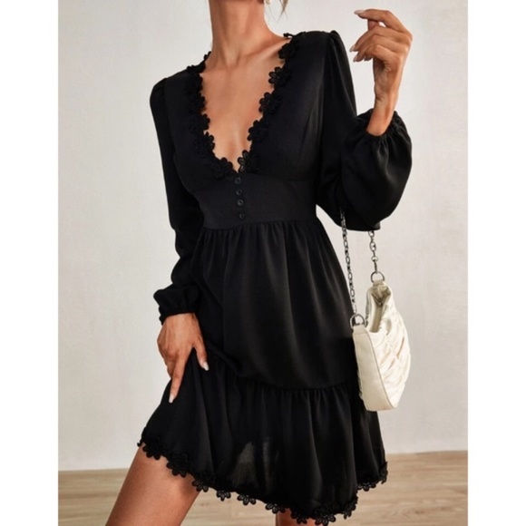 Black Plunging Neck Floral Lace Ruffle Mini Dress Party - Picture 2 of 6